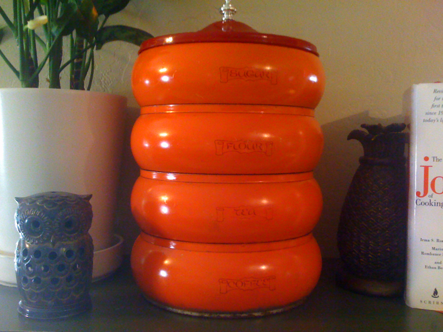 Laura's vintage 1960s orange red "oriental" canisters