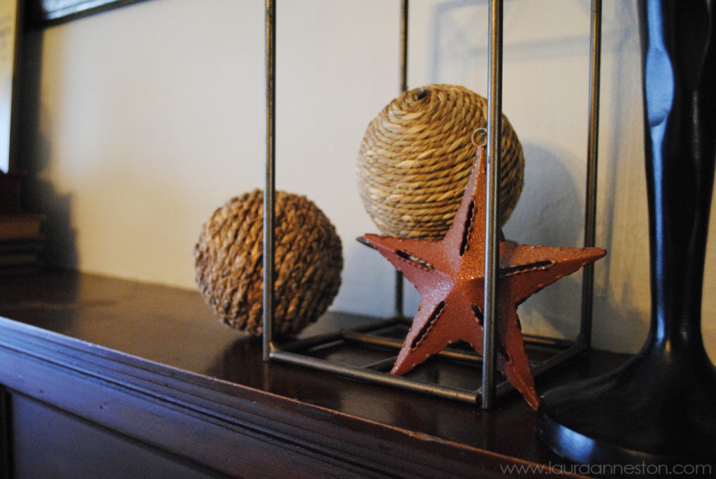 2013 Fall Mantle - detail iron star lantern jute balls - LauraAnneStone.com