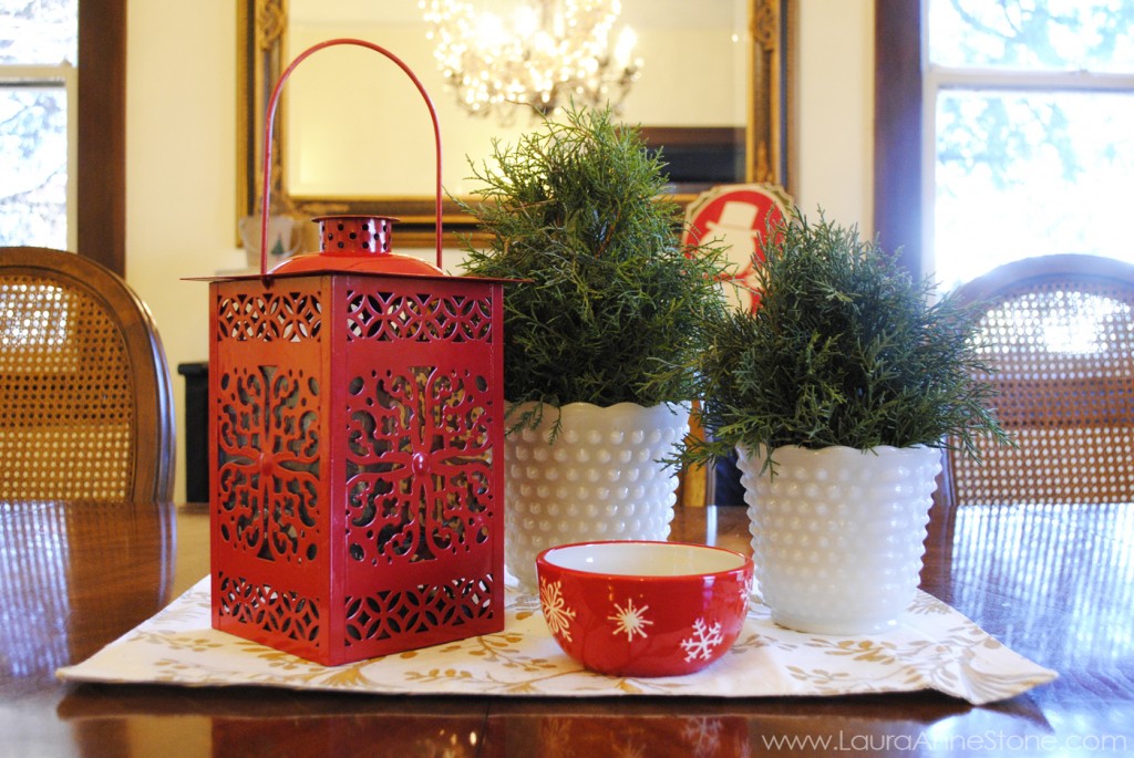 2013 Holiday Dining Room - juniper topiary in milk glass red lantern centerpiece - LauraAnneStone.com