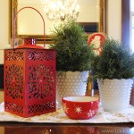 2013 Holiday Dining Room - juniper topiary red lantern centerpiece - LauraAnneStone.com